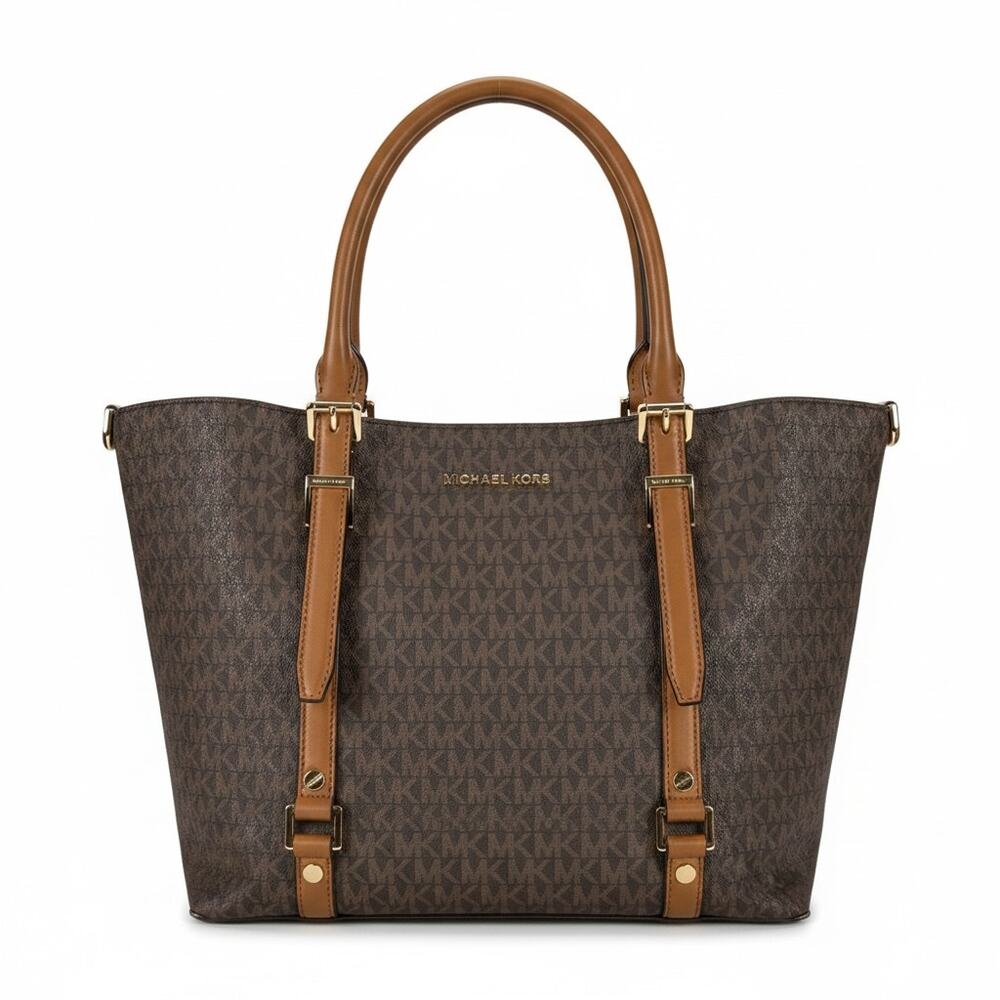 MICHAEL KORS Bedford Legacy MONOGRAM Tote Bag LEATHER TRIM Brown Size MEDIUM